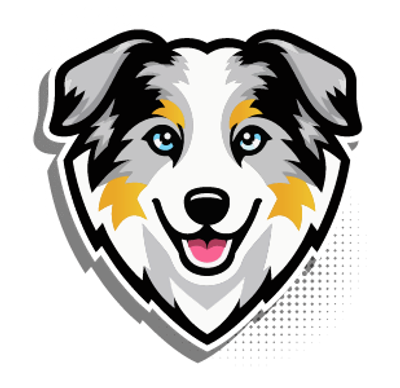 Happy dog logo with blue eyes.