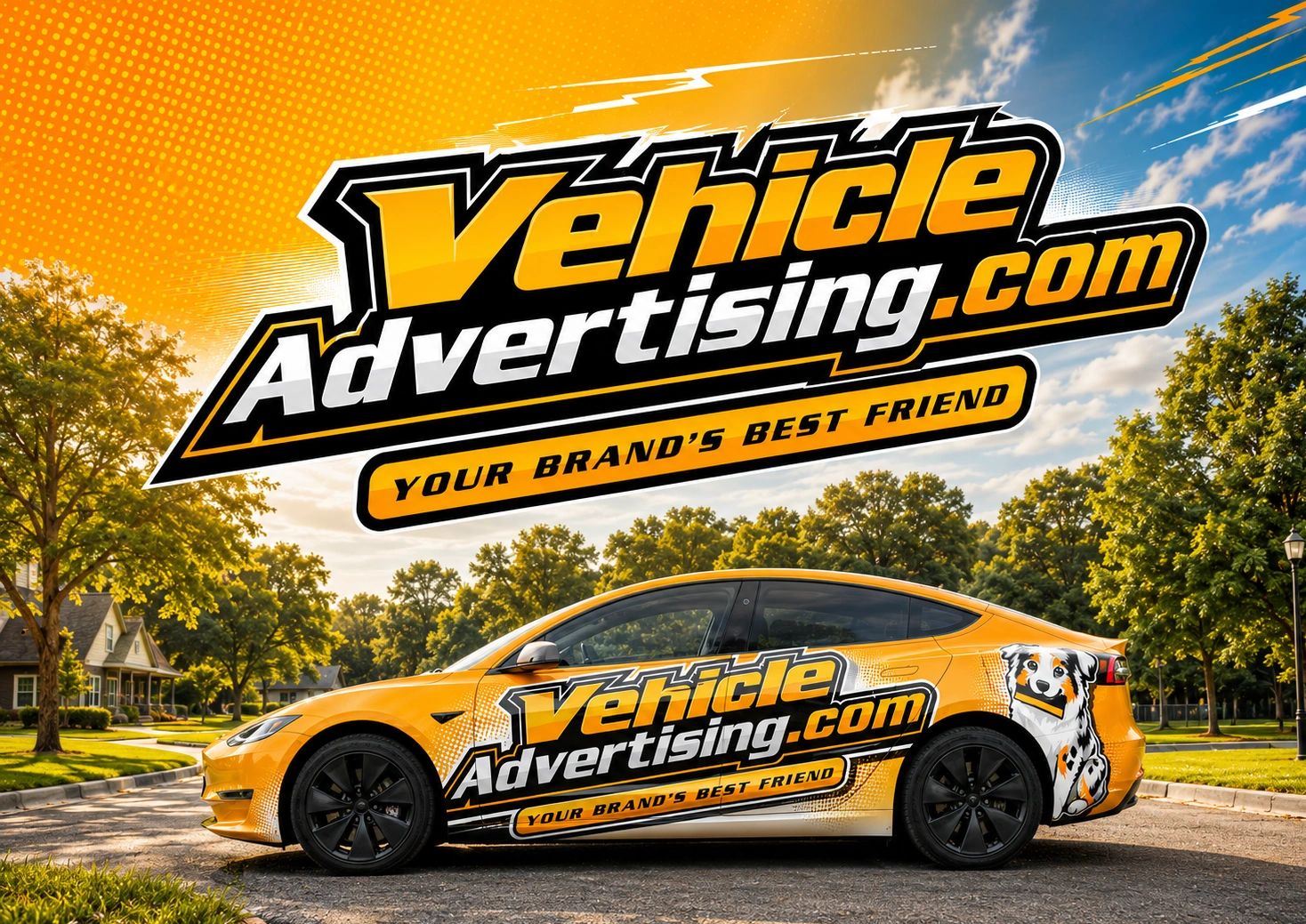 Yellow car with VehicleAdvertising.com branding.