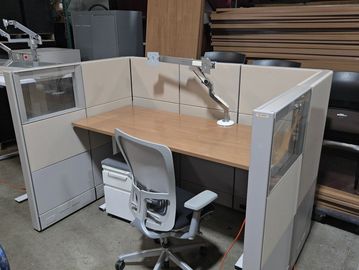 Complete 4x6 Herman Miller Ethospace workstation with glass panels, sit-to-stand desk, storage file.