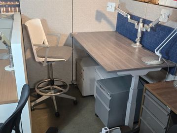 5x5 Haworth cubicle with sit to stand desk and mobile file pedestal at NWC Office Furniture store 
