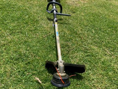Fuel-powered string trimmer on grass.