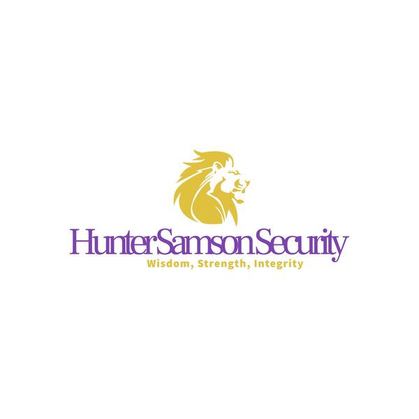 Logo of HunterSamson Security with a golden lion and purple text.
