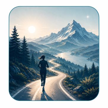 Person jogging on winding road towards snowy mountain.