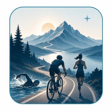 Triathlon athletes biking, running, and swimming toward a mountain.