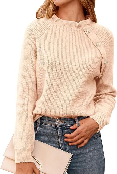 sweater, buttons, ruffles, cream