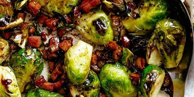 Roasted brussel sprouts with bacon and balsamic glaze.