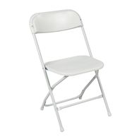 White plastic folding chairs. Lightweight, easy to store and move.  Please call to reserve. 