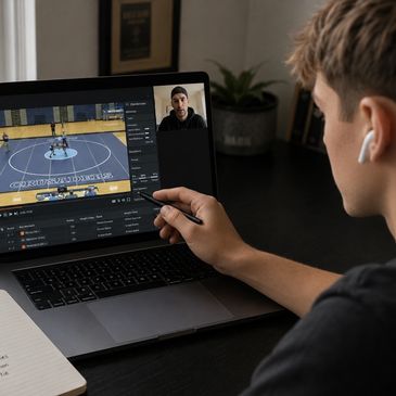 Person editing basketball video on laptop with headphones on.