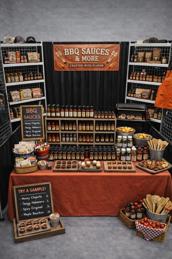 A BBQ sauces and more booth with sauces, samples, and food items.