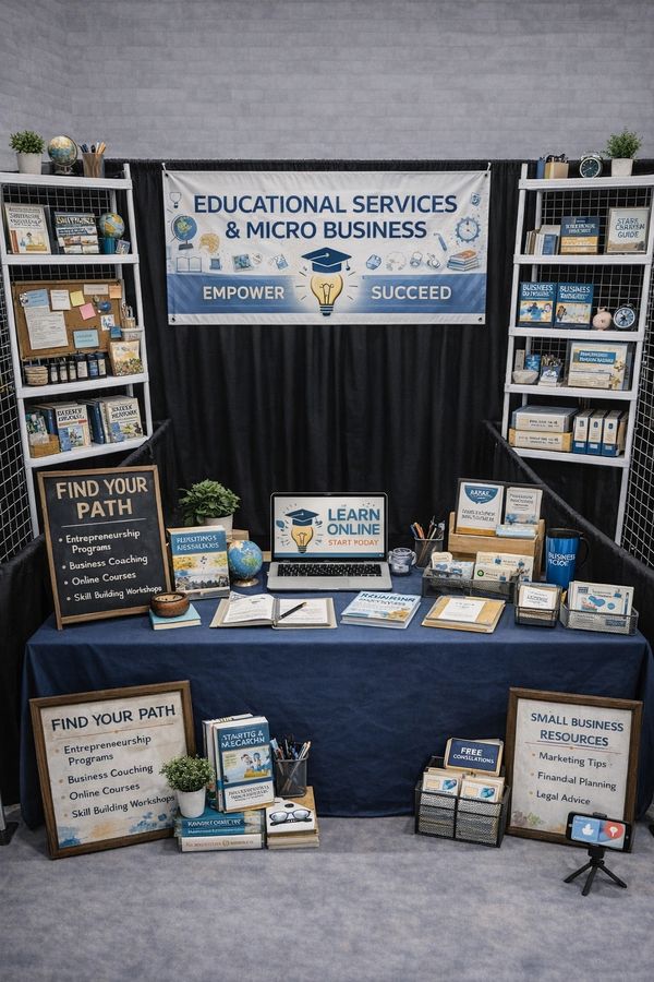 Educational booth promoting micro business empowerment and online learning.