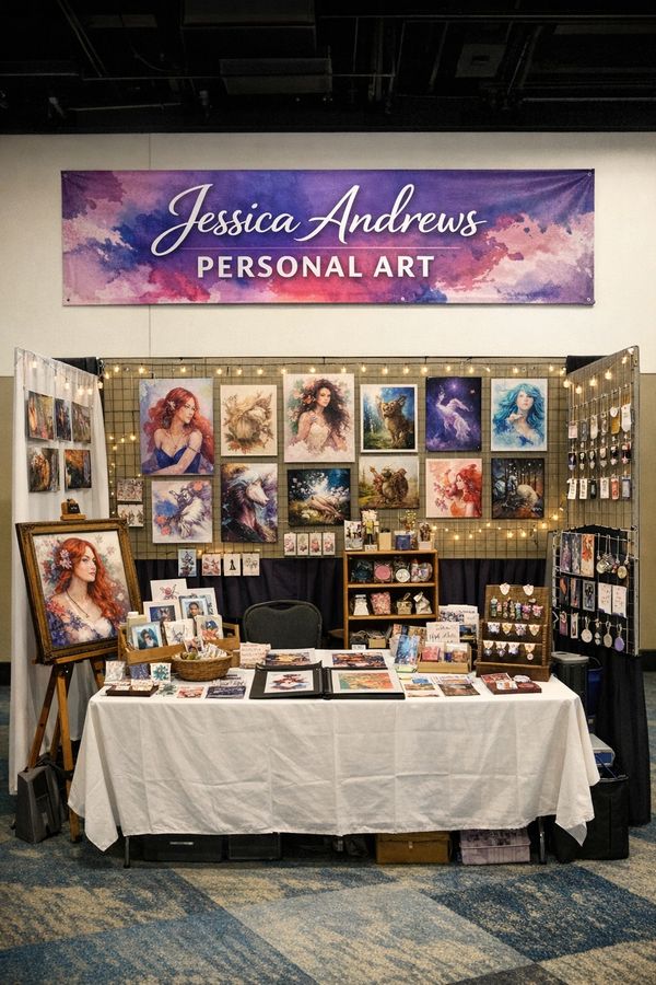 Jessica Andrews' art booth featuring colorful fantasy and portrait paintings.