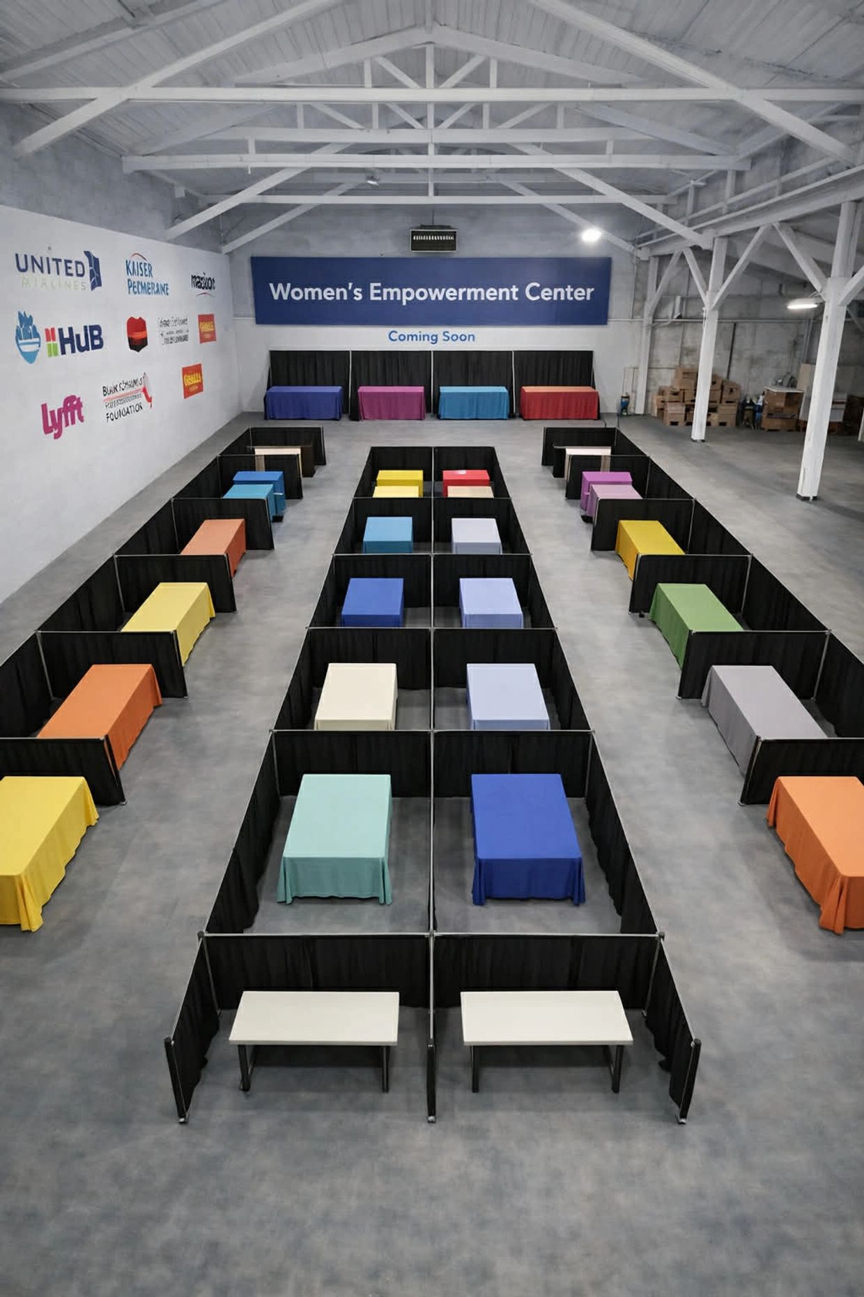 Indoor setup for a Women's Empowerment Center with tables and dividers.