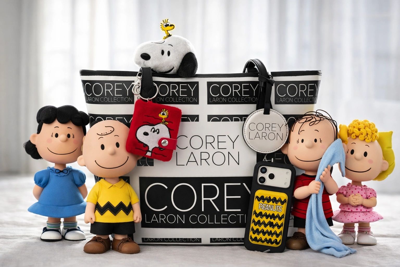 Peanuts characters figurines stand around a Corey Laron Collection bag with themed accessories.