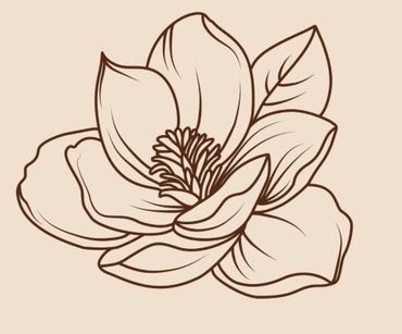 Line drawing of a flower with five petals and leaves.
