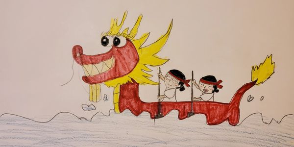 Child's drawing of a dragon boat with two rowers on water.