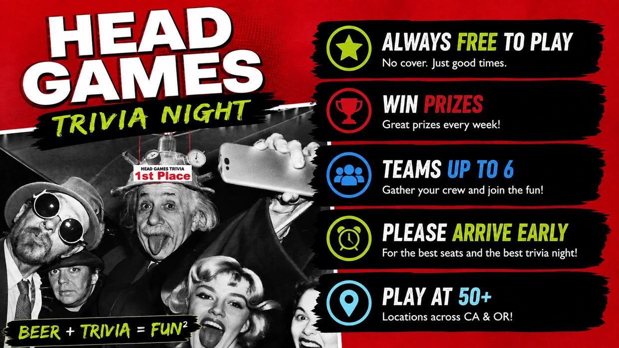 Promotional flyer for Head Games Trivia Night with prizes and teams.