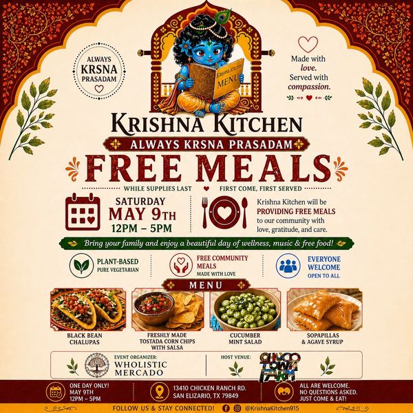 Flyer for Krishna Kitchen's free vegetarian meal event on May 9th, 12-5 PM.