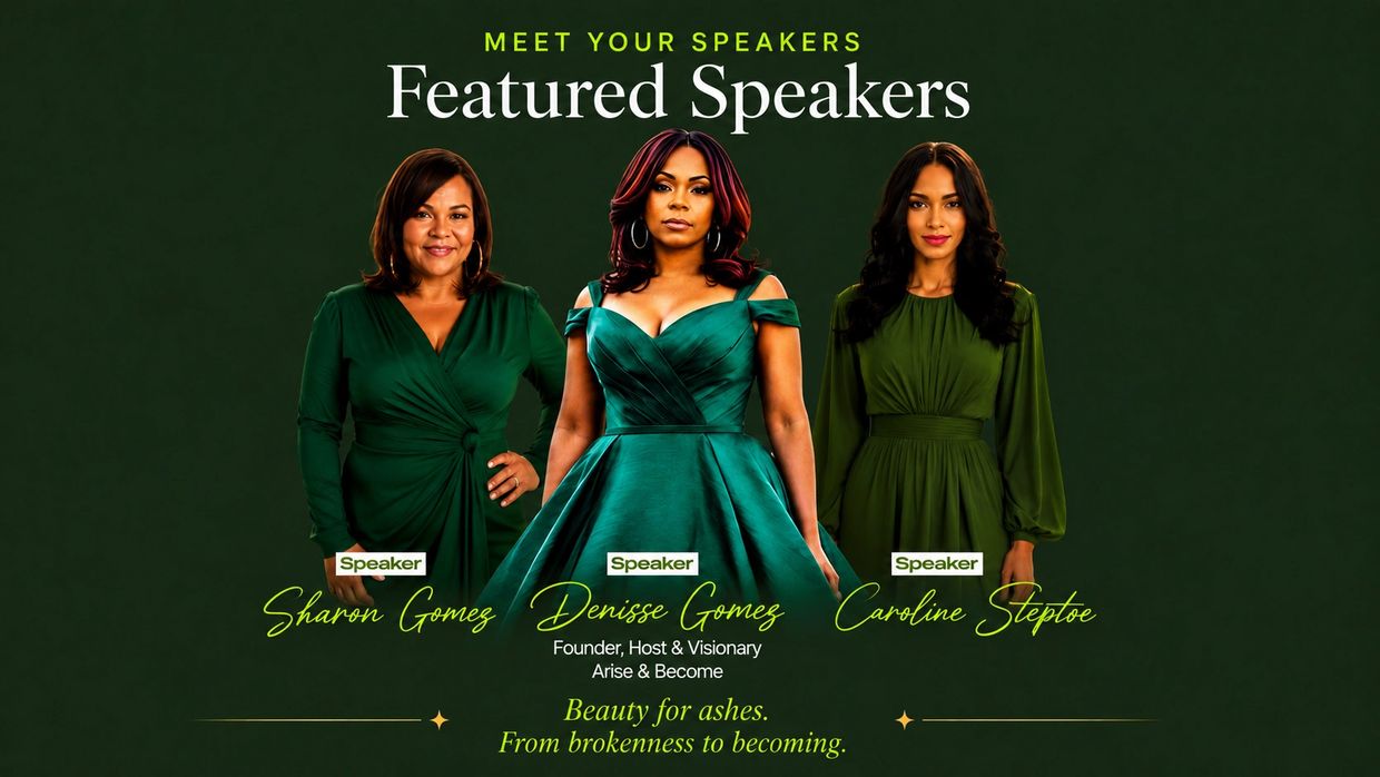 Three elegant women featured as speakers in green dresses against a dark green background.