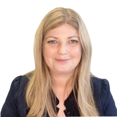 Smiling woman with long blonde hair and blazer.