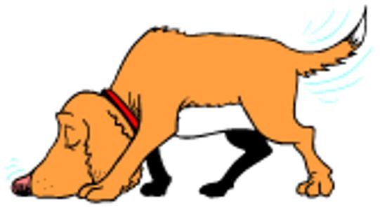 Cartoon dog sniffing the ground with a wagging tail.