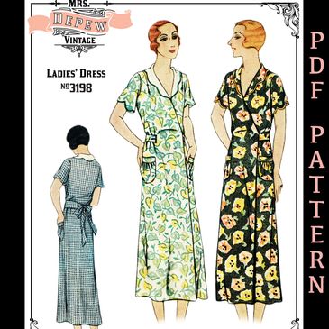 1930 Vintage Sewing Pattern Wrap-Front Hooverette House Dress in many sizes, plus size.