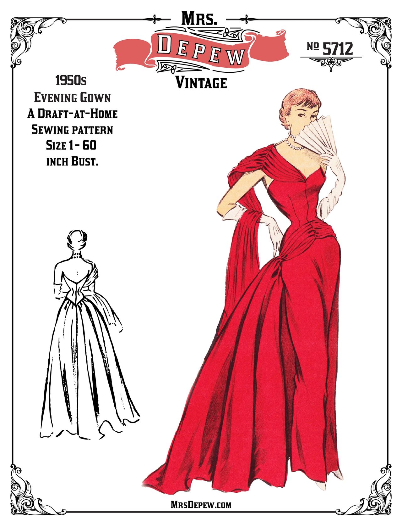 D-A-H Vintage Sewing Pattern 1950s Evening Ball Gown in Any Size - PLUS  Size Included - Depew 5712
