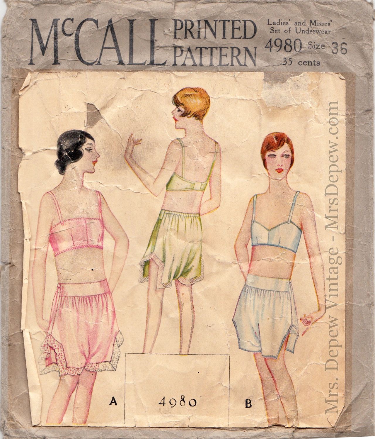 Vintage Sewing Pattern Lingerie Set MultiSize 1930s Bra and Tap Panties 32- 50 Inch Bust #2023 