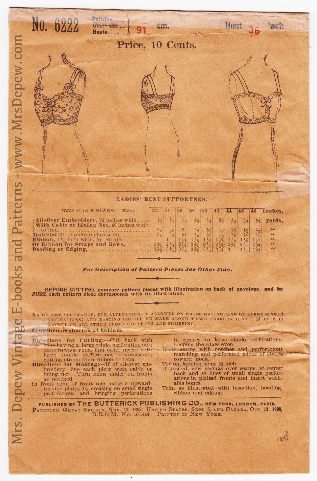 Printed Pattern- Early 1930s Low Back Bra Pattern- Size 38 Bust