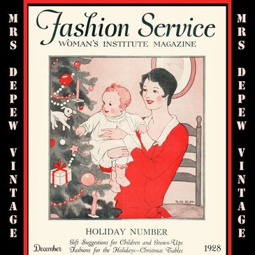 Vintage mother and child 1920s flapper Christmas party tree and baby Fashion Service Magazine Cover