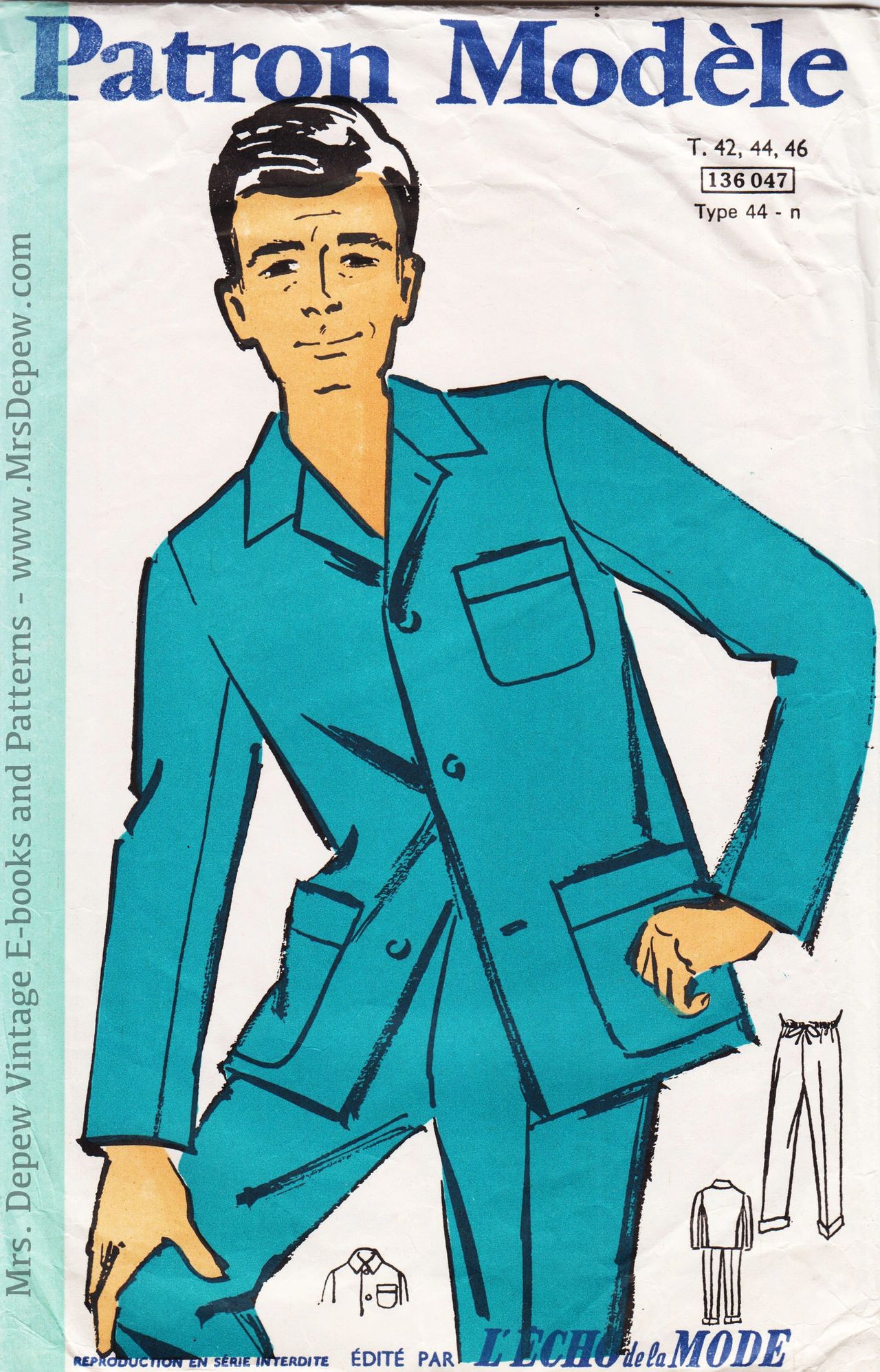 Patron De Couture Ancien Echo De La Mode 1960 - Manteau Droit Col Arrondi Taille 44 - État D'usage