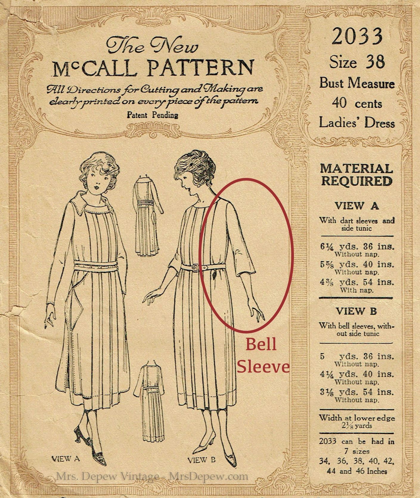 MultiSize Vintage Sewing Pattern Ladies' 1920s Dress #3046 - 32 34 36 38 40  42 44 46