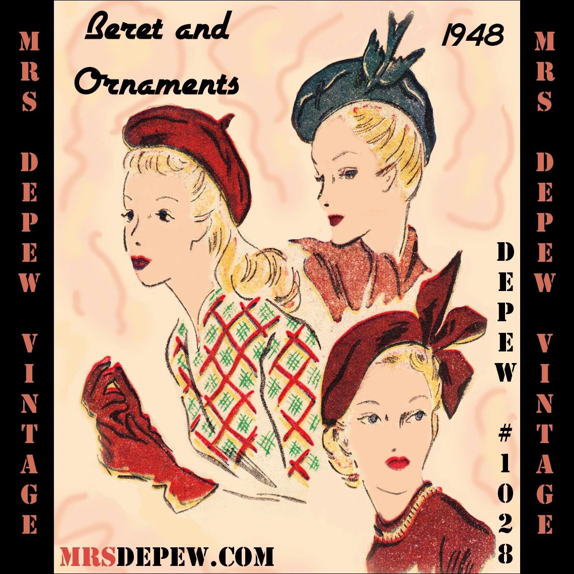 Vintage Sewing Pattern French Beret and Ornaments 1940s Depew 1028 - INSTANT  DOWNLOAD PDF