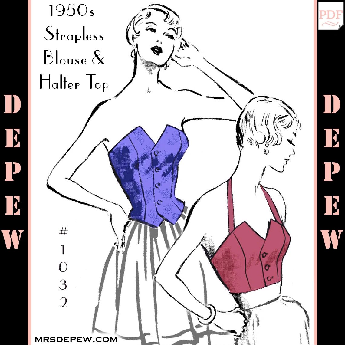 Vintage Sewing Pattern Strapless & Halter Top Blouses 1950s Style Multi and  Plus Size 1032