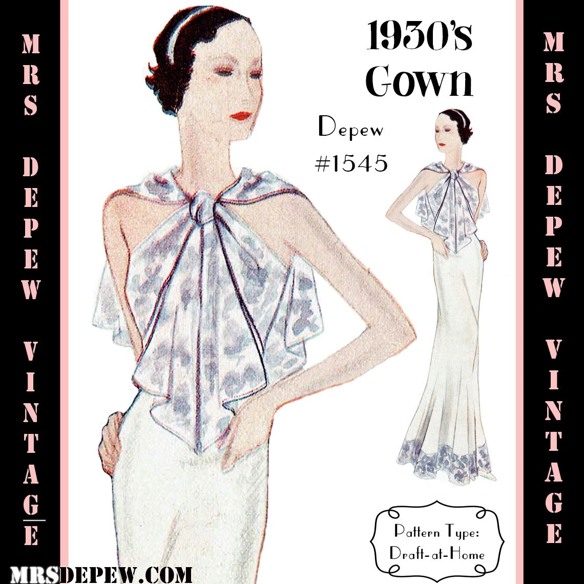 D-A-H Vintage Sewing Pattern 1930s Evening or Wedding Gown in Any Size -  PLUS Size Included -1545