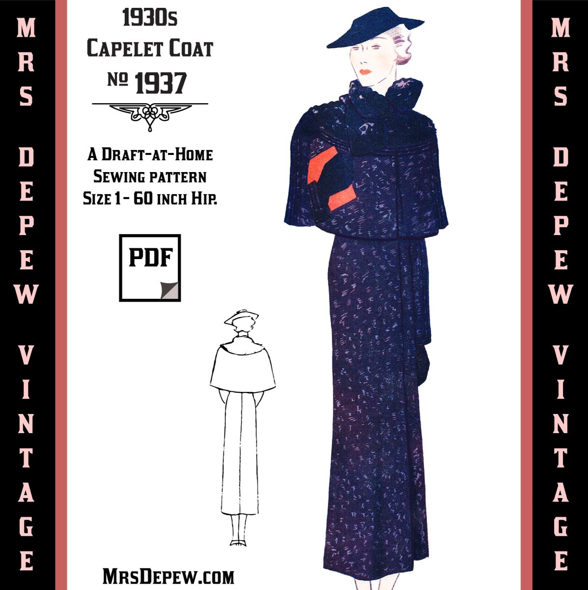 D-A-H 1935 Vintage Sewing Pattern Mid 1930s Capelet Coat Any Size- PLUS ...