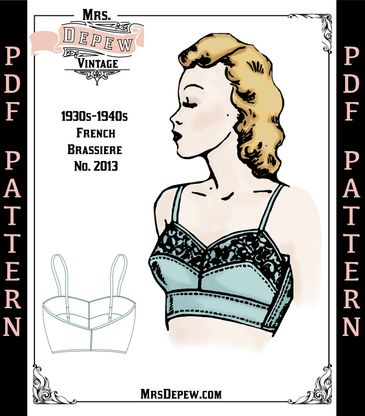 Vintage Sewing Pattern Ladies 1930s - 1940s French Bra Printable Multisize  31-49" Bust lingerie.