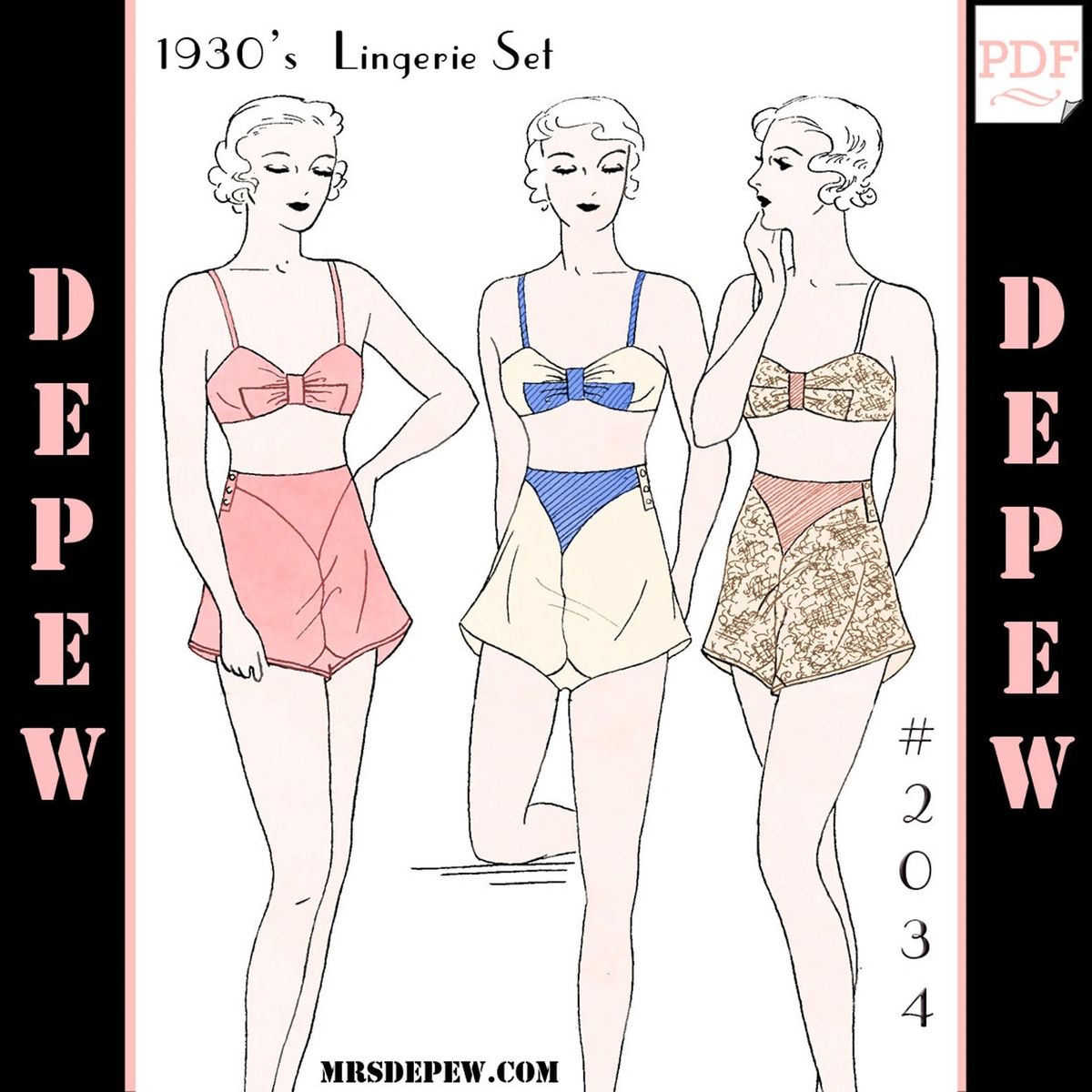Vintage Sewing Pattern Lingerie Set Multi Size 1930s Bra and Tap Pants  #2034 - INSTANT DOWNLOAD