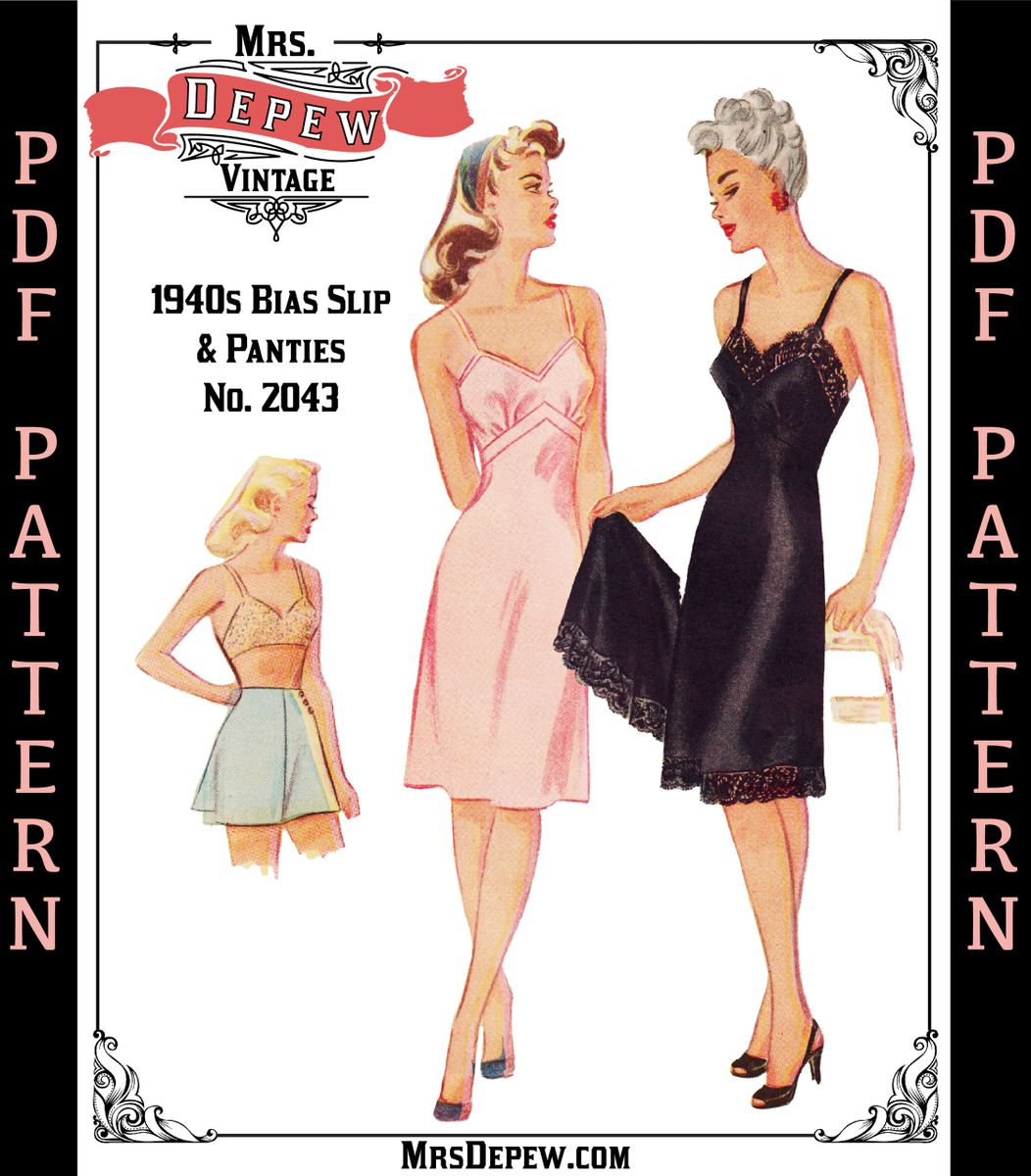 Vintage Sewing Pattern 1940s Bias-Cut Slip and Panties Depew #2043  Multisize 32-50 Inch Bust -INSTANT DOWNLOAD