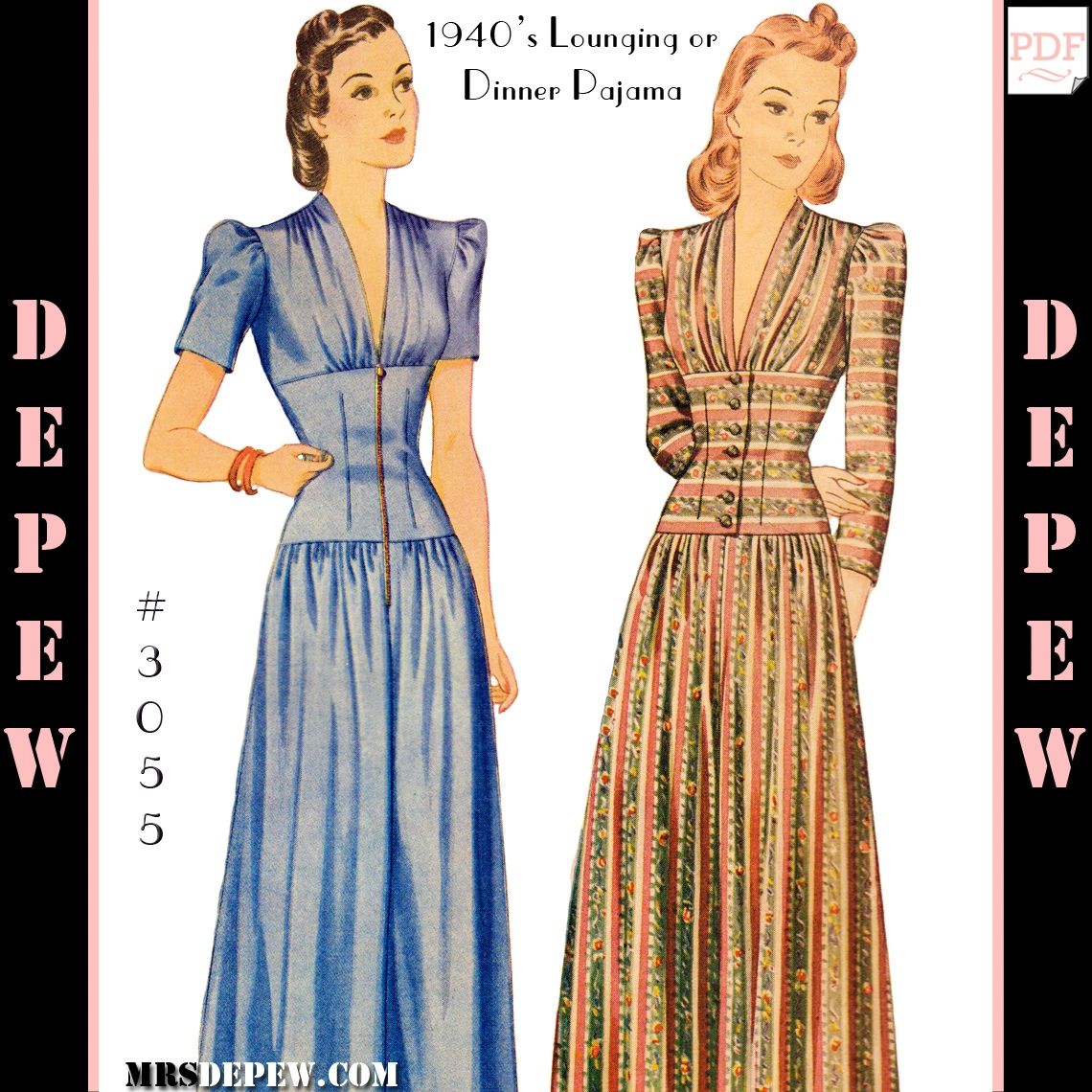 Vintage Sewing Pattern Ladies' 1940s Dinner or Lounge Pajama #3055 -  INSTANT DOWNLOAD