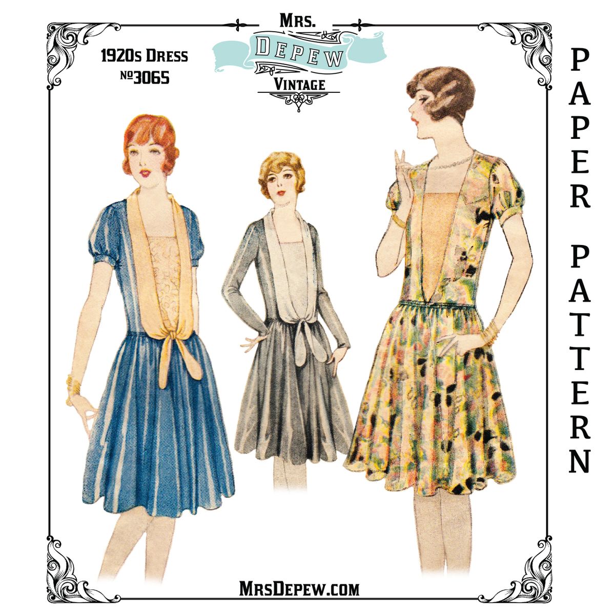 1927 Vintage Sewing Pattern Ladies' 1920s Short or Long Sleeve Dress #3065  - 36 Bust -PAPER VERSION