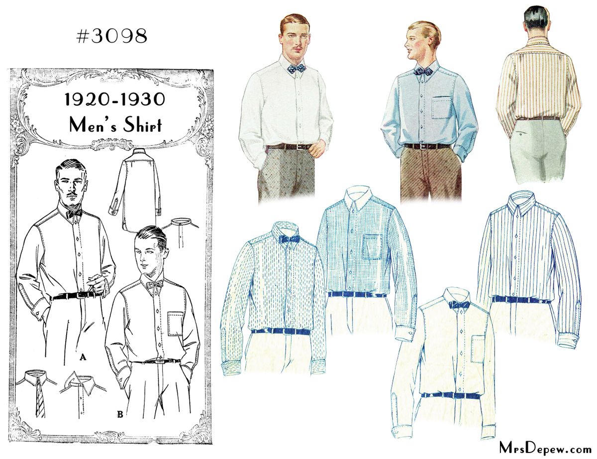 Menswear Vintage Sewing Pattern 1920s 1930s Men's Shirt with Collar Options  #3098 -INSTANT DOWNLOAD