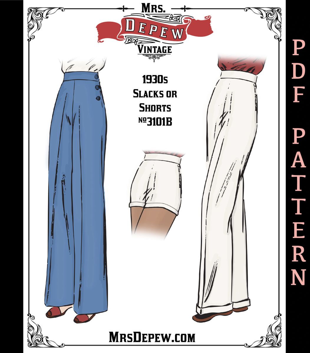 Wide Leg Trousers Vintage Sewing Pattern 1930s Slacks and Shorts #3101 B  25-45" Waist - INSTANT DOWNLOAD PDF