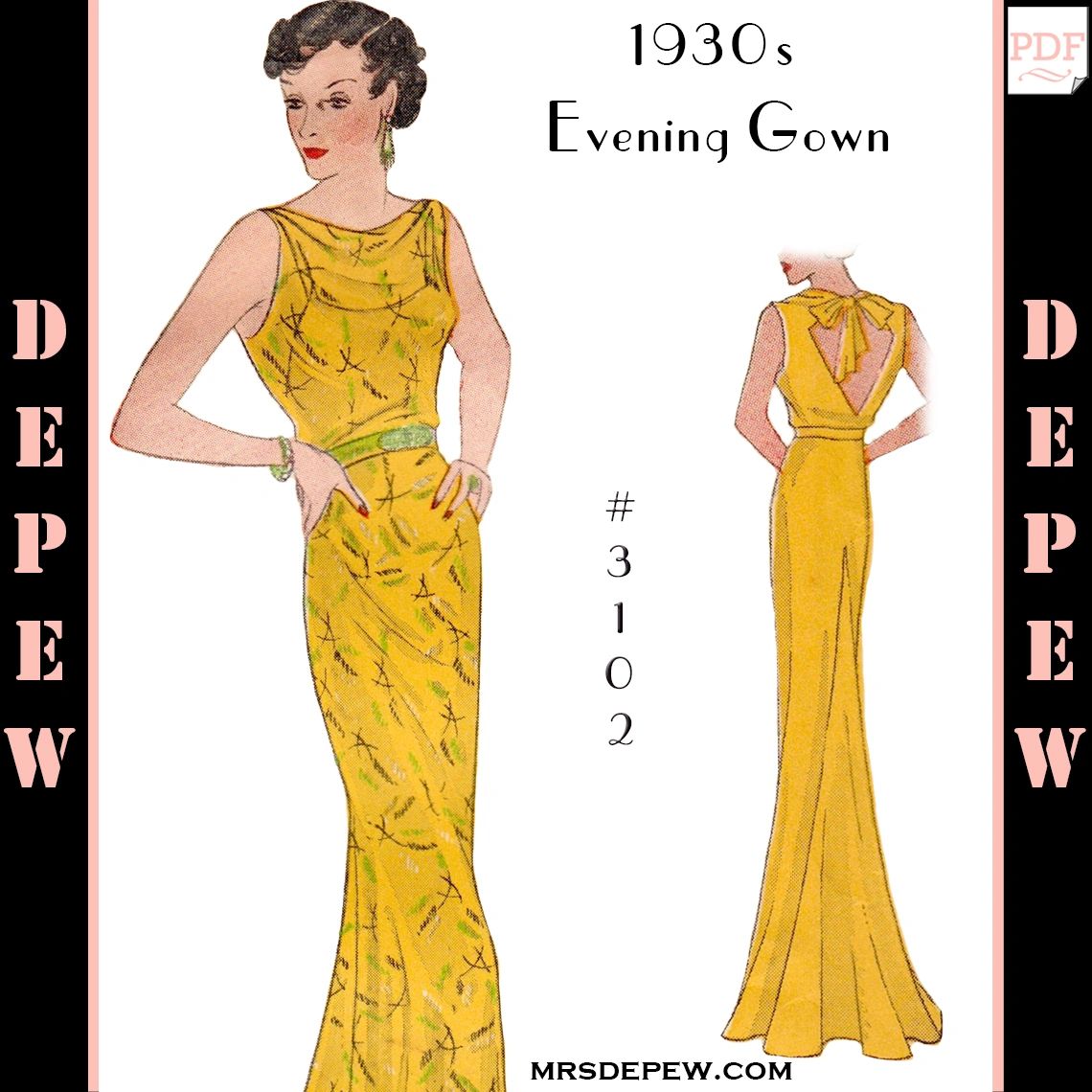 Vintage Sewing Pattern 1930s Ladies' Cowl Neck Evening Gown #3102 - INSTANT  DOWNLOAD