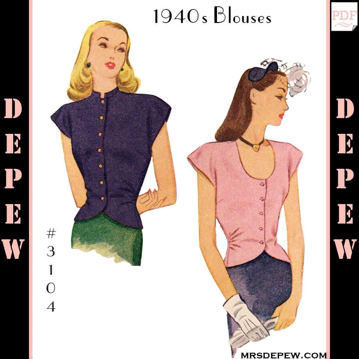 Vintage Sewing Pattern Ladies' 1940s Button-Down Blouse 38