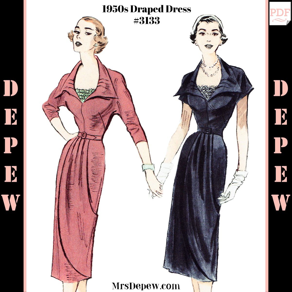 Vintage Sewing Pattern 1950s Ladies' Dress with Draped Skirt #3133 34" Bust  - INSTANT DOWNLOAD PDF