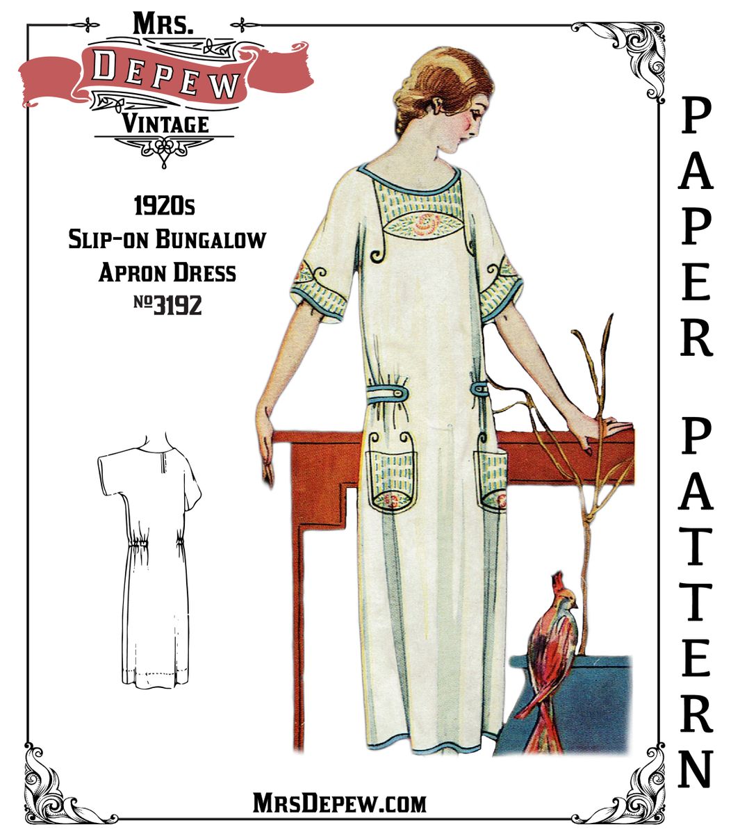 Multi Size Vintage Sewing Pattern 1920s Embroidered Bungalow Apron House  Dress #3192 32 - 50 Inch Bust- PAPER PATTERN