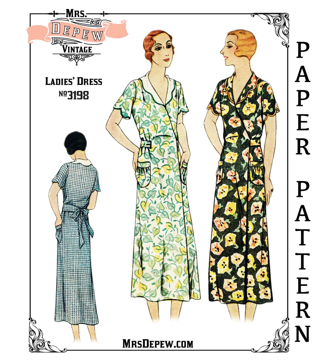 1930 Vintage Sewing Pattern Wrap-Front Hooverette House Dress 32 34 36  38 40 42 44 46 48 50