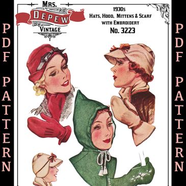 1930s winter accessories. Hat, gloves, embroidery, winter hood, wool caps.