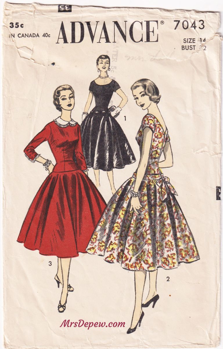 1950s Vintage Sewing Pattern Short Sleeve Dress with Flared Skirt ...