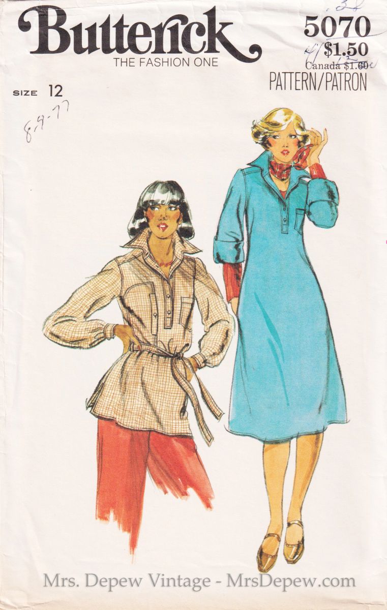 1977 Vintage Sewing Pattern Top, Belt and Dress 1970s Butterick 5070 34 ...